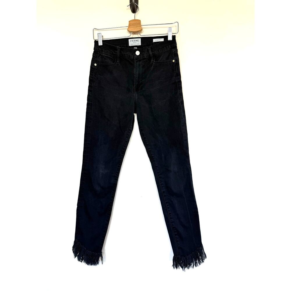 FRAME DENIM Le High Skinny washed black slim fringe hem denim jeans
